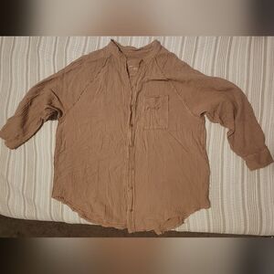Aerie 100% Cotton Oversized Tan Button Up - Pool-to-Party Cover Up - Raw Edges